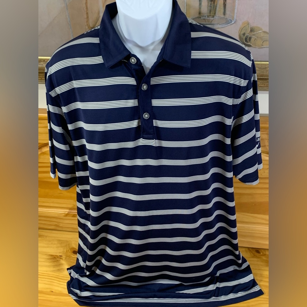 Callaway Golf Polo Shirt Mens Navy Blue Gray Stripe Opti-Dri  Size Large EUC